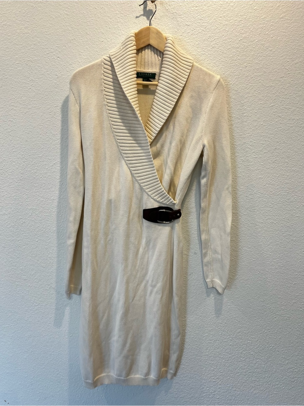 Ralph‎ Lauren Cream Knit Shawl-Collar Long Sleeve Dress with Buckle old money